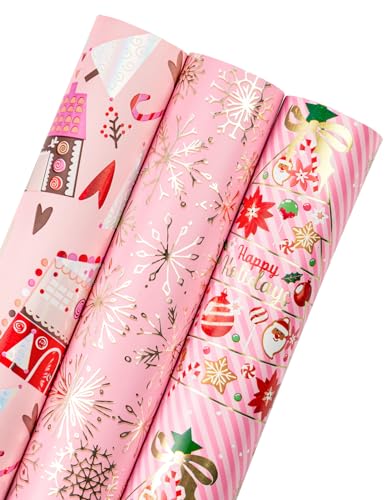 RUSPEPA Weihnachts-Geschenkpapierrolle – Mini-Rolle – 3 Rollen – 43,2 cm x 3 m pro Rolle – rosa Weihnachtsbaum, Haus, Schneeflocken-Feiertagskollektion von RUSPEPA