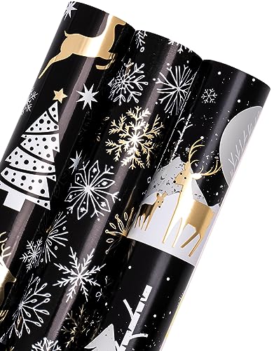 RUSPEPA Weihnachts-Geschenkpapierrolle – Mini-Rolle – 3 Rollen – 43,2 x 305 cm pro Rolle – schwarz-goldene Rentierfamilie, Schneeflocken-Weihnachtskollektion mit metallischem Folienglanz von RUSPEPA