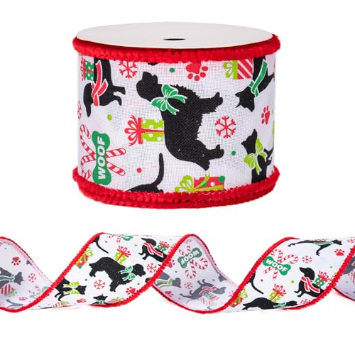 RUSPEPA Weihnachtsband mit Draht – Hund mit Geschenkbox, Band für Weihnachtsbasteleien, Partygeschenke – 2,5 Zoll x 5 Yard pro Rolle von RUSPEPA