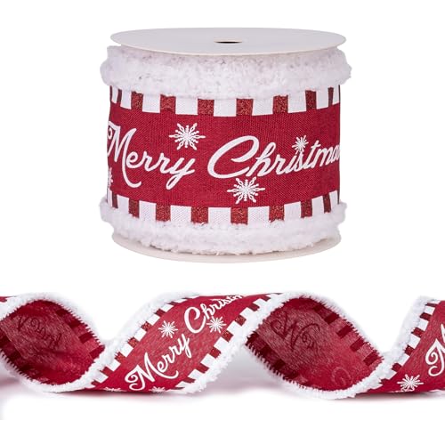 RUSPEPA Weihnachtsband mit Draht – Rot und Weiß, Merey Weihnachten mit Schneeflockenband mit Drahtkante – 2,5 Zoll x 5 Yard pro Rolle von RUSPEPA