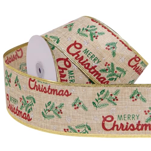 RUSPEPA Weihnachtsband mit Draht – Sackleinenband mit Drahtkante – 6,3 cm x 22,9 m pro Rolle – Frohe Weihnachten von RUSPEPA