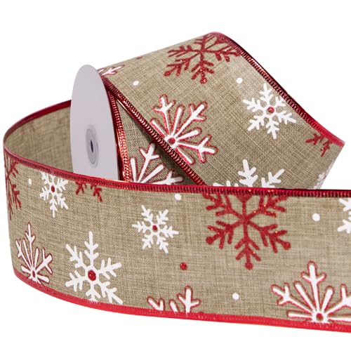 RUSPEPA Weihnachtsband mit Draht – Sackleinenband mit Drahtkante – 6,3 cm x 22,9 m pro Rolle – rote und weiße Schneeflocke von RUSPEPA