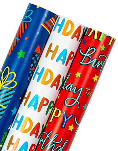 RUSPEPA Wendbare Geburtstagspapierrolle – Minirolle – 3 Rollen – 43,2 cm x 3,05 m pro Rolle – Happy Birthday-Schriftzug und Geschenkbox für Kindergeburtstag, Babyparty von RUSPEPA