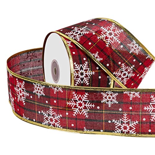 RUSPEPA Wired Christmas Holiday Ribbon - Rotes Und Grünes Kariertes Sackleinenband Mit Weißem Schneeflockendesign - 63 mm X 22 m Pro Rolle - Gold Wired Edge von RUSPEPA