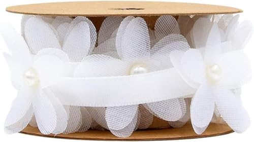 Bänder for Verpacken, Sackleinenband, 2 m Organza-Blumen-Perlen-Satinband, Gänseblümchen-Blumenband, DIY-Bastelband, Perlenblumen-Stoffband, Perlenbesatz for Hochzeit, Geschenkverpackung, Schleifenher von RUTHYEARS