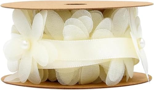 Bänder for Verpacken, Sackleinenband, 2 m Organza-Blumen-Perlen-Satinband, Gänseblümchen-Blumenband, DIY-Bastelband, Perlenblumen-Stoffband, Perlenbesatz for Hochzeit, Geschenkverpackung, Schleifenher von RUTHYEARS