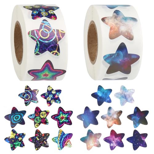 1000 Stück Sterne Aufkleber, Sticker Sterne Space Theme, 2,5cm Selbstklebende Glitzer Sticker Rolle, Hologramm Belohnungssticker für Bastelarbeiten, Aktivitäten Bunt von RVLZKCPG