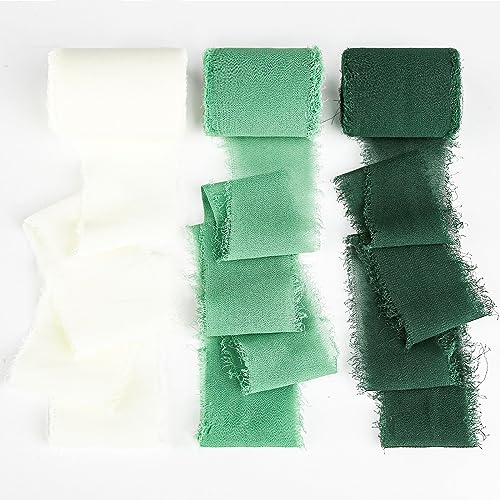 3 Rollen Chiffonband Grün Geschenkband Breit Schleifenband Hochzeit 4CM Chiffon Satinband Seidenband Bänder Dekoband für Hochzeitseinladungen Brautsträuße Geschenkverpackung Geschenke Fransenband (1) von RVLZKCPG