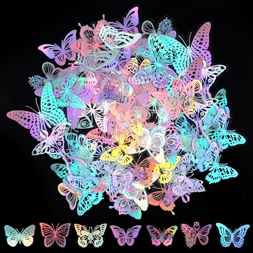 RVLZKCPG 100 Stück Holografischer Schmetterling Sticker, PET Glitzer Sticker, Transparente Wasserdichte Aufkleber, Sticker Mädchen für Scrapbooking, Laptops, Sammelalben, Tassen von RVLZKCPG