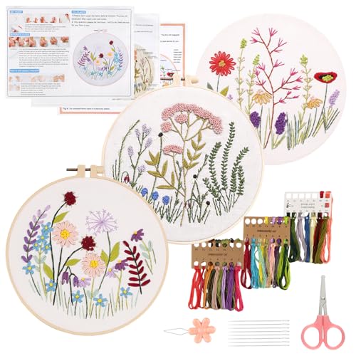 Stickerei Set Stickset für Anfänger Blumenmuster Pflanzen Kreuzstich-Kit Starter DIY Sticken Set Erwachsene Embroidery Kit mit 3 Stück Stickrahmen Farbfäden Werkzeuge für DIY Kunst Handwerk Nähen von RVLZKCPG