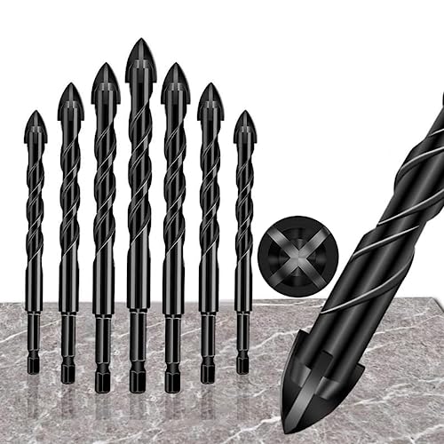 4-Edge Cross Drill Bit Set 7pcs, Masonry Drill Bit Set, Hex Shank Drill Bit Set,Multi-Functio Universal Drill Bit for Ceramic Tile,Wall,Cement,Wood von RWRAPS