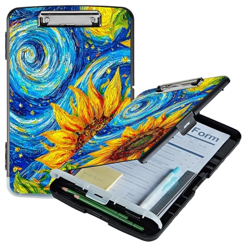RWUTYTIUL Klemmbrett mit Sternen-Sonnenblumen-Motiv, A4, mit Stifthalter, Klemmbretter, Organizer, Still-Klemmbrett, faltbarer Aktenordner, Kunststoff-Klemmbrett, Folio-Clipboard für Büro, Studenten RWUTYTIUL Klemmbrett mit Sternen-Sonnenblumen-Motiv, A4, mit Stifthalter, Klemmbretter, Organizer, Still-Klemmbrett, faltbarer Aktenordner, Kunststoff-Klemmbrett, Folio-Clipboard für Büro, Studenten von RWUTYTIUL