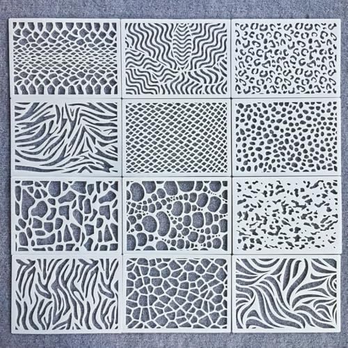 RXKFIGX 12 Stück Scrapbooking Schablonen,Schablonen Set Boden und Wanddekoration Kuchenschablone für Scrapbooking Zeichnen Nachzeichnen DIY Holz Möbel Wand Boden Dekor von RXKFIGX