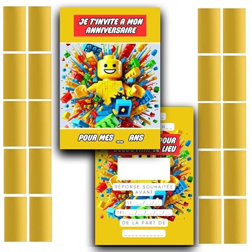 RXLITE NEU 2024 Premium Partizipatives Kreativset mit 20 Einladungskarten Geburtstag zum Rubbeln Thema LEGO auf Französisch und 20 goldene Rubbelaufkleber für eine unvergessliche Party von RXLITE