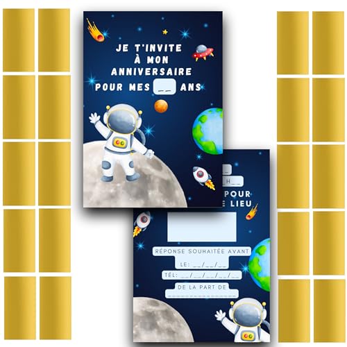 RXLITE NEUHEIT 2024 Premium Partizipative Kreativset mit 20 Einladungskarten Geburtstag zum Rubbeln Thema Astronaut auf Französisch und 20 goldene Rubbelaufkleber für eine unvergessliche Party von RXLITE