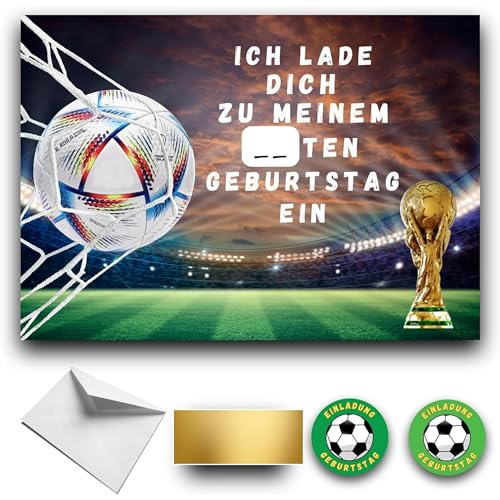 RXLITE Neuheit 2024 Kreativset mit 10 Einladungskarten zum Geburtstag zum Rubbeln im Fußball-Thema auf Deutsch: 10 Karten, 10 weiße Umschläge, 10 Sticker und 10 goldene Rubbelaufkleber von RXLITE