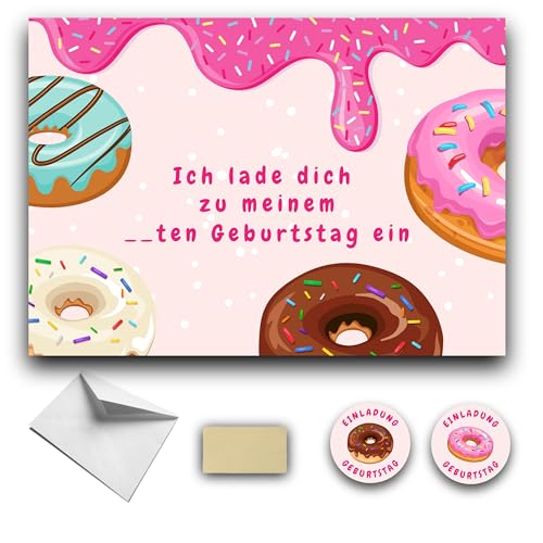 RXLITE Neuheit 2024 Premium-Kreativset mit 10 Einladungskarten zum Rubbeln im Donuts-Design auf Deutsch: 10 Karten, 10 weiße Umschläge, 10 Sticker und 10 goldene Rubbelaufkleber von RXLITE