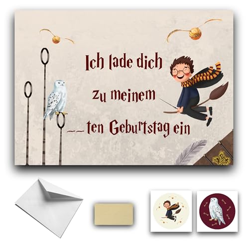 RXLITE Premium Kreativset 10 Einladungskarten Kindergeburtstag Kratzkarten Harry Potter Thema: 10 Karten, 10 Umschläge, 10 Sticker, 10 Kratzaufkleber für magische Geburtstagsfeiern mit Freunden von RXLITE