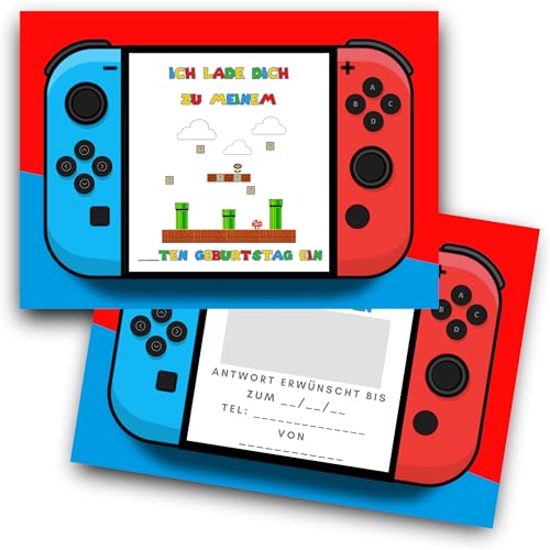 RXLITE Premium Kreativset mit 10 Geburtstags-Einladungskarten zum Rubbeln im Nintendo-Thema auf Deutsch: 10 Karten, 10 weiße Umschläge, 10 einladung Sticker und 10 goldene Rubbelaufkleber von RXLITE