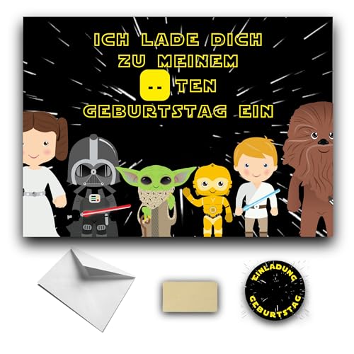 RXLITE Premium-Kreativset mit 10 STAR WARS Einladungskarten zum Geburtstag auf Deutsch: 10 Karten, 10 weiße Umschläge, 10 Sticker und 10 goldene Aufkleber. von RXLITE