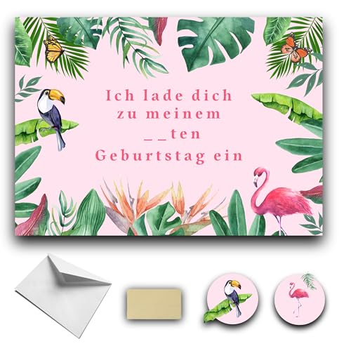 RXLITE Premium elegant-Kreativset doppelseitig mit 10 Tropical Einladungskarten zum Geburtstag auf Deutsch: 10 Karten, 10 weiße briefumschlagen, 10 Sticker und 10 goldene Aufkleber. von RXLITE