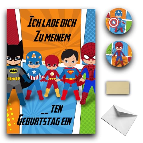 RXLITE Premium qualitat-Kreativset mit 10 Superheld thema Einladungskarte zum Geburtstag auf Deutsch: 10 Karten, 10 weiße Umschläge, 10 Sticker und 10 magische goldene Aufkleber von RXLITE