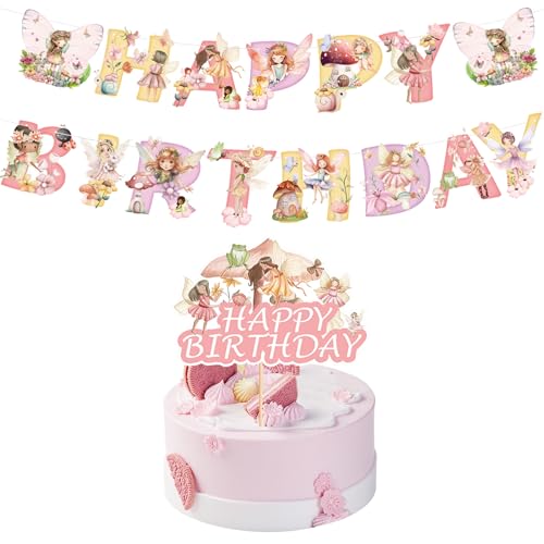 Cake Topper Fee und Happy Birthday Banner Fairy, Feen Tortendeko, Tortendeko Feen und Elfen, Happy Birthday Tortendeko Fee, Dekorationen für Mädchen Geburtstage von RXSPOYLY