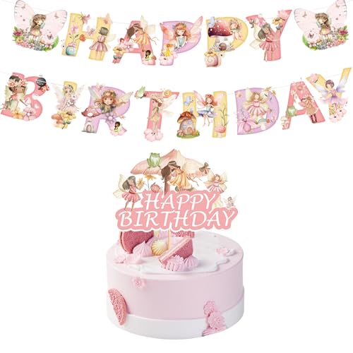 Cake Topper Fee und Happy Birthday Banner Fairy, Feen Tortendeko, Tortendeko Feen und Elfen, Happy Birthday Tortendeko Fee, Dekorationen für Mädchen Geburtstage von RXSPOYLY