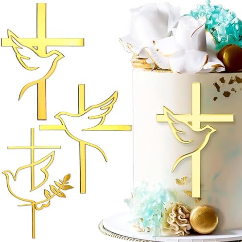 Cake Topper Taube Kreuz, 3pcs Kuchen Topper Kreuz Gold, Kuchen Topper Kommunion Kreuz, Topper Torte Taube, für die Dekoration von Taufen, Erstkommunionen, Geburtstagen von RXSPOYLY