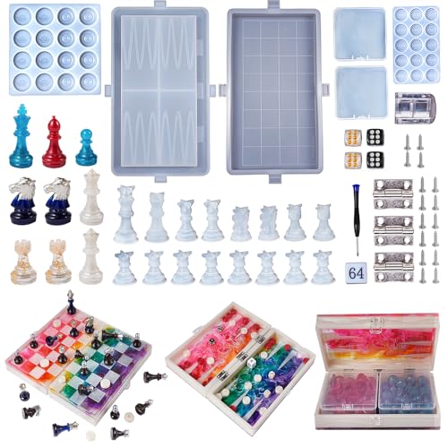 3-in-1-Schach-Set aus Kunstharz, 3-in-1-Schachfiguren, Backgammon-Formen für Epoxidharz, 3D-Silikon-Schachfiguren und Schachbrett-Formen für Harzguss, DIY-Kunsthandwerk (faltbar) von RYBPVC