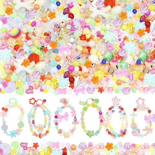 RYKOMO 500 Stück Acrylperlen, verschiedene Blumen, Schatz, Schmetterling, Süßigkeiten, Acryl, Kawaii, ästhetische Perlen, verschiedene Perlen für Armbänder, DIY-Schmuckherstellung (lebendige Farbe) von RYKOMO