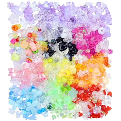 RYKOMO 500 Stück Acrylperlen, verschiedene Blumen, Schatz, Schmetterling, Süßigkeiten, Acryl, Kawaii-Perlen, verschiedene Perlen für Armbänder, DIY-Schmuckherstellung (10 Bonbonfarben) von RYKOMO