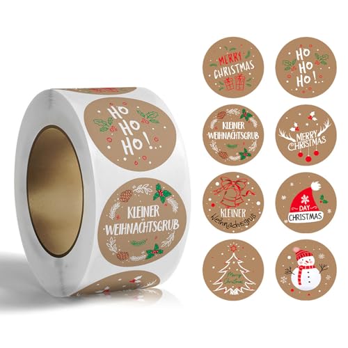 RYMAUP 500 Stück runde Weihnachtsaufkleber in 8 Styles. Weihnachtsaufkleber aus Kraftpapier auf Rolle Selbstklebende Weihnachtsetiketten für Geschenkverpackungen, Weihnachtsdeko von RYMAUP