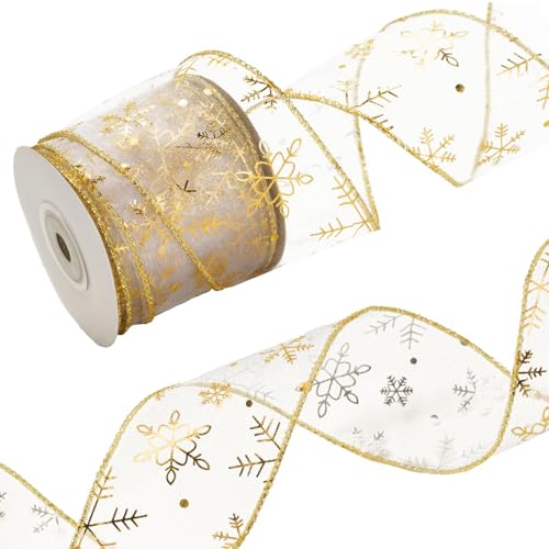 RYMAUP 9m Geschenkband mit Golddraht, Schneeflocken Organzaband, Weihnachtsband 6cm, Band breit, Drahtband Glitzer, Schleifenband für Deko Geschenk, Kranz, Basteln, Weihnachten von RYMAUP