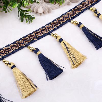 Geflochtene Perlenquasten, Stoffquastenfransen, Quasten for Nähen, Fransenbesatzquaste, Vorhangbesatz-Applikation, 12 Yards DIY-Vorhang-Nähbesatz, Zopffransen, Stoffbandbesatz(Navy Blue) von RYRYR