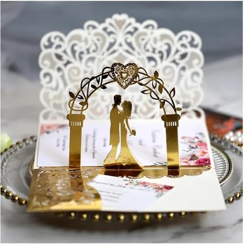 Personalisierte Hochzeitseinladungen, Save-the-Date-Karten for Hochzeitsempfangseinladungen, 10-teiliges Grußkarten-Set aus weißem und goldenem Perlenpapier mit europäischem Brautparty-Dekor for Hochz von RYRYR