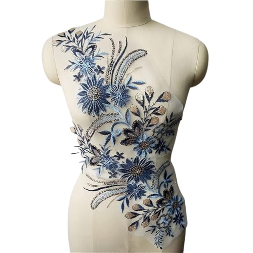 Spitzenapplikation, Stickapplikation, Aufnäher, 2 Stück, blauer Pailletten-Blumen-Spitzenstoff, bestickte Kleiderapplikationen, Kragen, Netz-Aufnäher for Hochzeitsdekoration, Kleid, DIY von RYRYR