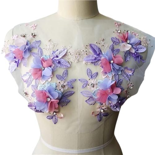 Spitzenapplikation, Stickapplikationen, Aufnäher, 2 Stück, 3D-Blumenspitze, Stoffperlen, Strass-bestickte Kleiderapplikationen, Aufnäher for Hochzeitsdekoration, Kleid, DIY(Purple) von RYRYR