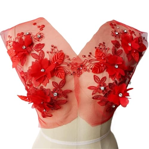 Spitzenapplikation, Stickapplikationen, Aufnäher, 2 Stück, 3D-Blumenspitze, Stoffperlen, Strass-bestickte Kleiderapplikationen, Aufnäher for Hochzeitsdekoration, Kleid, DIY(Red) von RYRYR