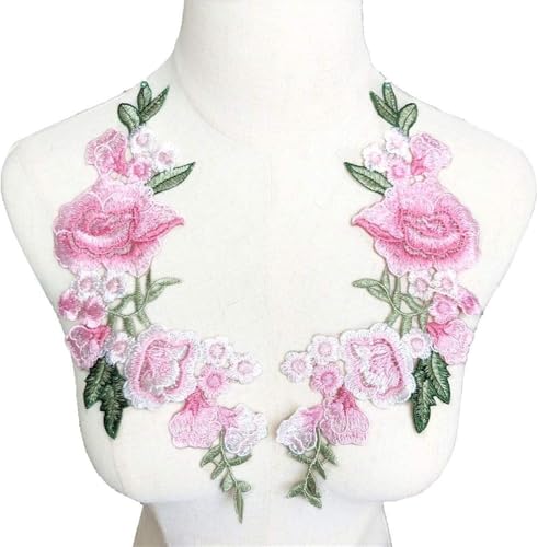 Spitzenapplikation,Stickapplikation Aufnäher,Stickapplikation,2Stk Stickerei Rose Blumen Aufnäher Aufnäher Stoffbesatz Motiv Hochzeitskleid Braut DIY Applikation Basteln(Roze) von RYRYR