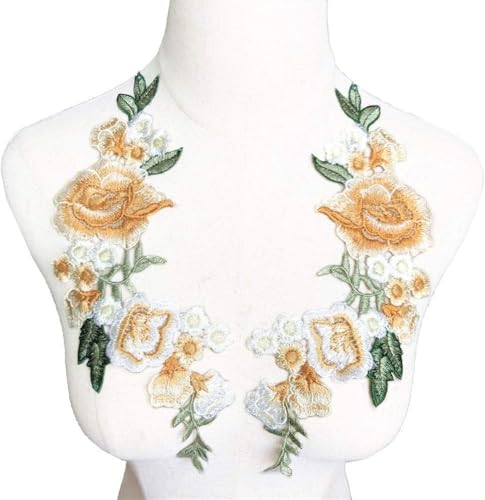 Spitzenapplikation,Stickapplikation Aufnäher,Stickapplikation,2Stk Stickerei Rose Blumen Aufnäher Aufnäher Stoffbesatz Motiv Hochzeitskleid Braut DIY Applikation Basteln(Yellow) von RYRYR