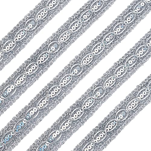 Spitzendekoration, Nähspitze, ethnisches Jacquardband, 12,5 m, 30 mm, Paillettenbesatz aus metallischem Zopf, Spitzenbesatz mit Paillettenband, metallische Pailletten, Jacquardbesatz (13 m)(Sliver) von RYRYR