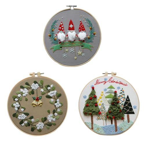 RZXBB 3 Stück Anfänger Stickerei Set Weihnachten Kreuzstich Kit - Weihnachtsmuster Sticken Set Mit Stickrahmen, Farbfäden Und Werkzeuge - DIY Nähset Kunst Handwerk Weihnachtsdekoration (Stil C) von RZXBB