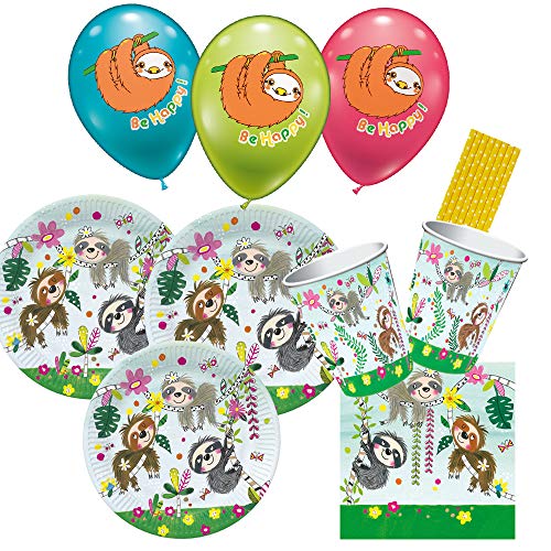 Rachel Ellen/Hobbyfun 50-teiliges Party-Set Faultier - Teller Becher Servietten Trinkhalme Luftballons für 8 Kinder von TESTEL