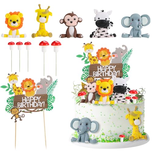 Radsocken 11 Stück Dschungeltier-Kuchenaufsätze, Tiere, Happy Birthday, Kuchendekoration, Dschungeltier-Geburtstag, Cupcake-Topper für Kinder, Jungen, Mädchen, Geburtstagsparty-Zubehör von Radsocken