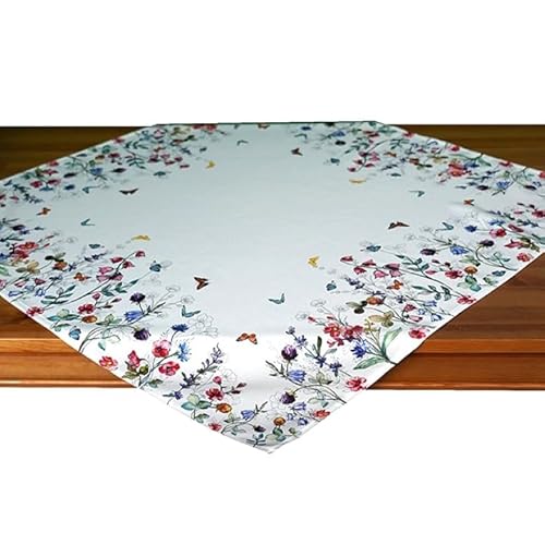 Raebel OHG Tischdecke Quadratisch 85 x 85 cm weiß Damast Bedruckt mit bunten Blumen Blüten Floral Esstisch von Raebel OHG