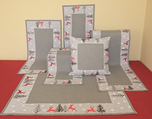 Raebel OHG Tischdecke grau 85 x 85 cm hellgrau rot Stickerei Hirsch Weihnachtsdecke Weihnachtsdeko Mitteldecke Tischdekoration von Raebel OHG