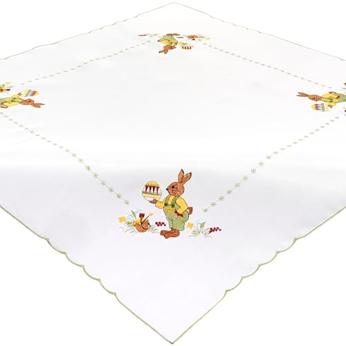 Raebel Tischdecke Ostern 85x85 Hase Farbeimer Osterdecke Bestickt Osterdekoration Mitteldecke Ostertischdecke Decke Stoff Eckig von Raebel OHG