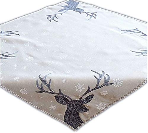 Raebel Tischdecke 110 x 110 cm grau Hellgrau weiß eisblau Silber Stickerei Hirsch Weihnachten Weihnachtsdeko Weihnachtstischdecke Mitteldecke Tischdeko von Raebel OHG