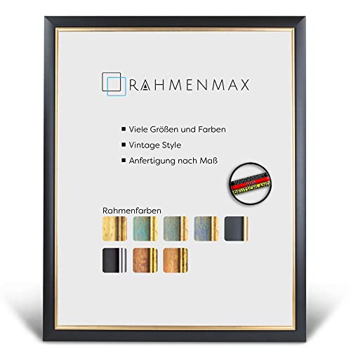 RahmenMax® Elsass A2 Bilderrahmen 42x59,4 cm zum Aufhängen/Vintage Bilderrahmen Maßanfertigung möglich/Posterrahmen aus Holz/Bilder Rahmen in Schwarz-Gold mit Acrylglas/Puzzle Rahmen von RahmenMax